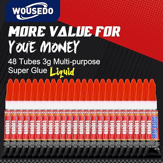 WOUSEDO 48 X 3g Super Glue Liquid, Clear Strong Adhesive,Fast Drying Cyanoacrylate Glue for Wood, Rubber, Leather, Hard Plastic, Metal, DIY Crafts and More