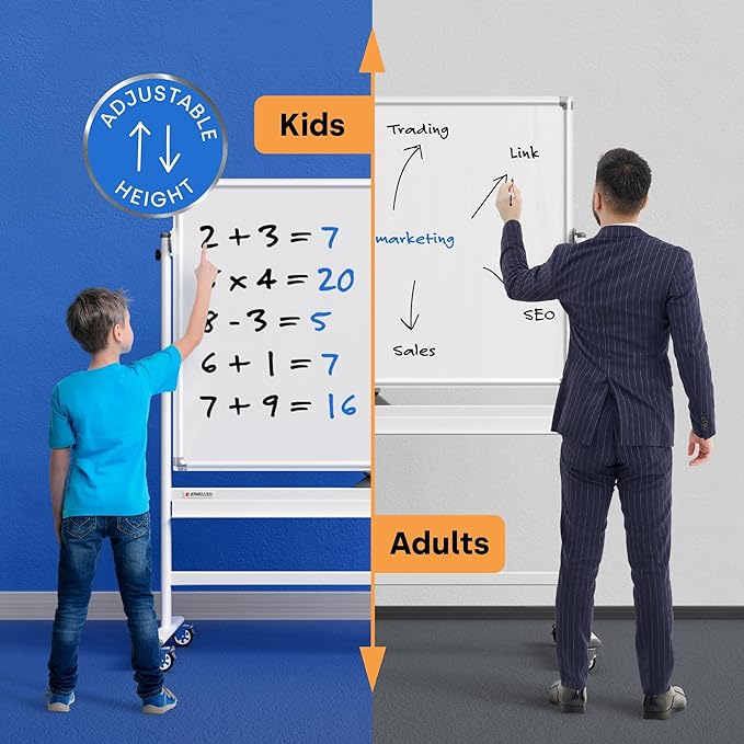 Rolling Dry Erase Board 46 x 32 - Large Portable Magnetic Whiteboard with Stand - Double Sided Easel Style with Wheels - Mobile Standing Whiteboard for Office, Classroom & Home