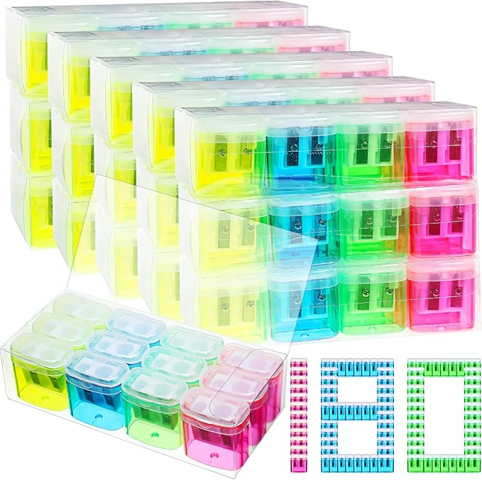Teling 180 Pcs Manual Pencil Sharpeners Bulk Handheld Dual Holes Pencil Sharpeners for Kids Colorful Portable Compact Sharpener with Lid for Students School Class Home Office Supply