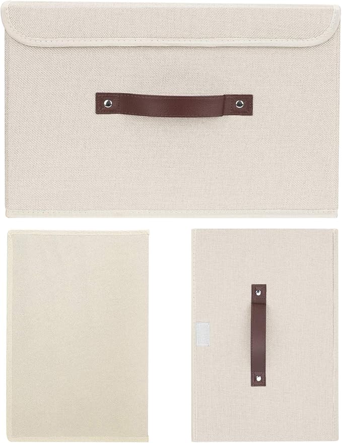 TYEERS Collapsible Storage Boxes, Washable Fabric Storage Bins with Lids, 14.9x9.8x9.8 inches, 3 Pack, Beige