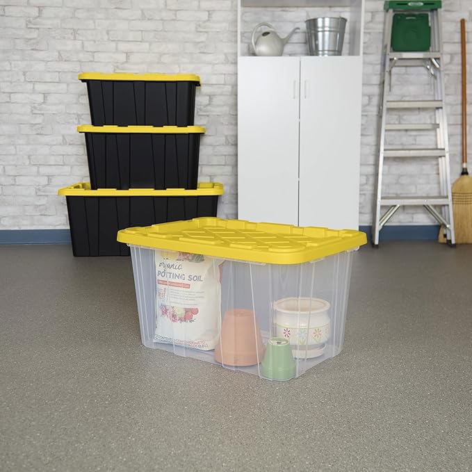 Sterilite 8-Pack 27 Gallon Industrial Tote, Clear Plastic Storage Container Bins with Yellow Lids - Heavy-Duty Organizing Containers for Closet, Bathroom, and Office