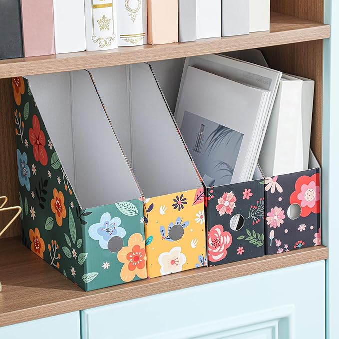 PerKoop 12 Pcs Magazine File Holder Foldable Decorative Cardboard File Folders 6 Patterns Floral Colored Magazine Rack with Printable Sticker Labels for School Office Home Desk (Flower Design)