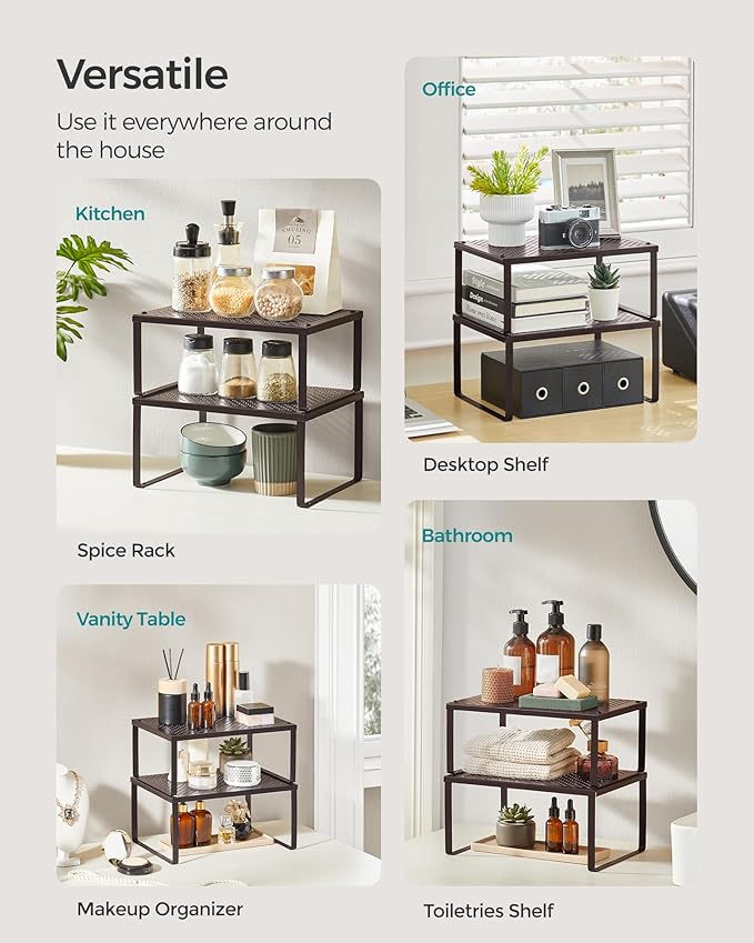 SONGMICS Spice Racks, Set of 2 Metal Cabinet Shelf Organizers, Countertop Organizers, Shelf Risers, Stackable, Expandable, Brown UKCS01BR