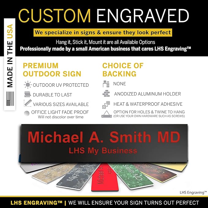 Custom Name Plate with Choice of Mounting for Walls, Doors, Cubicles, Hanging and More - Personalized Black Plastic Red Letters - USA Made 2x10 - B19