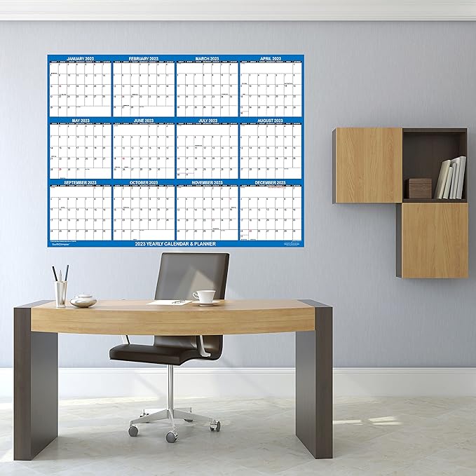 32" x 48" SwiftGlimpse 2026 Wall Calendar Erasable Large XL Wet & Dry Erase Laminated 12 Month Annual Yearly Wall Planner, Reversible, Navy