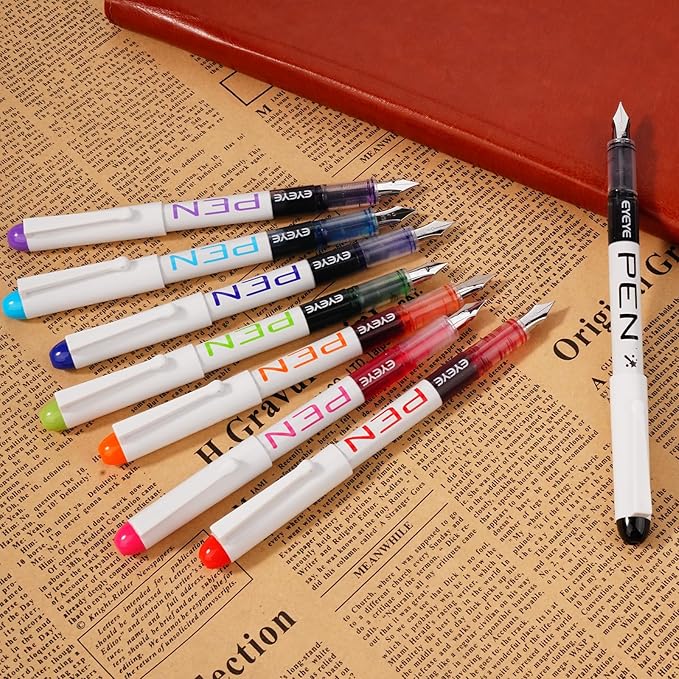 EYEYE Fountain Pens for Writing, 8 Pack Assorted Colors Fine Point Disposable Fountain Pens Stainless Steel Nib, Smooth Writing for Journaling, Drafting, Sketching, Doodling & Gifts