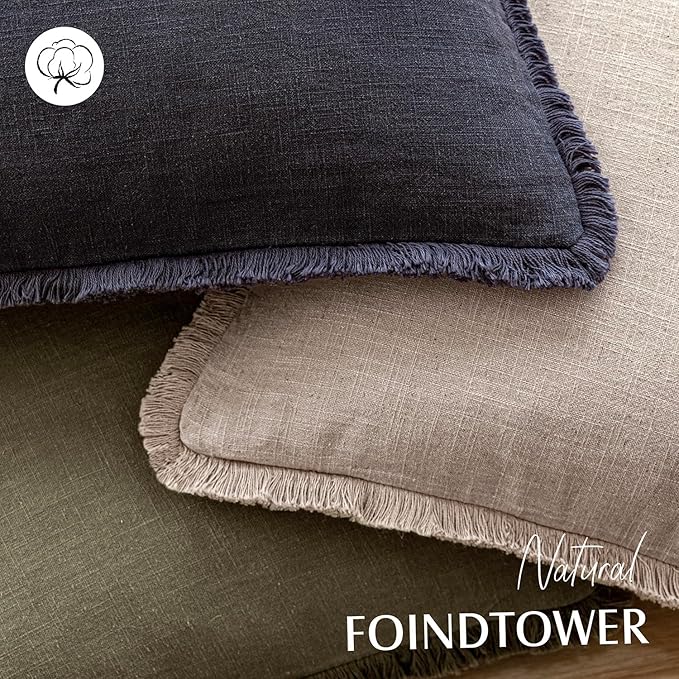 Foindtower Set of 2 Decorative Linen Fringe Throw Pillow Covers Farmhouse Cushion Cover with Tassels Soft Accent Pillowcase for Couch Chair Sofa Bed Living Room Home Decor,24×24 Inch,Natural Linen