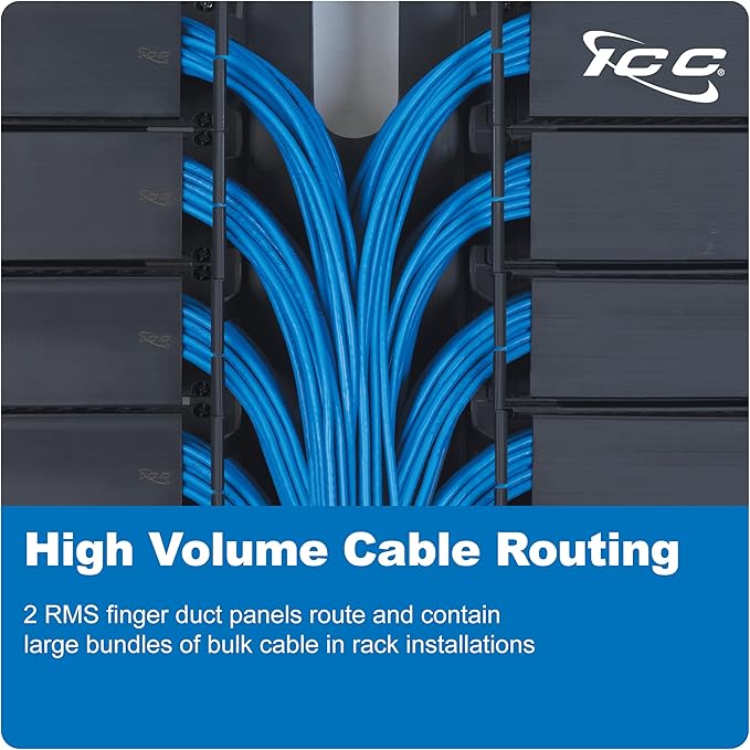 ICC 2U Finger Duct Cable Manager Panel with Cover, Plastic with Metal Back Frame, 3" Depth, Horizontal Cable Management, Rackmount for 19” Network Racks, Black, 6-Pack