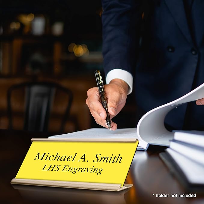 Door Name Plate Personalized for Office Yellow Plastic Name Plate Black Letters - Made in USA 2x12 B4