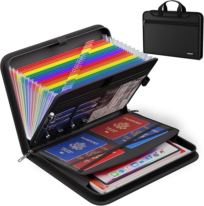 ENGPOW Accordion File Organizer,Fireproof Expanding File Folder with Colorful Pockets,25 Pockets Document Organizer with Handle & Labels,Portable Home Travel Safe Storage for Letter A4 Files,Black
