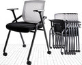 BLANEDUO Conference Room Chairs, Folding Office Desk Chair with Lumbar Support and Sliding Armrest with Casters, Stackable Office Guest Chairs & Reception Chairs (2 Pack)
