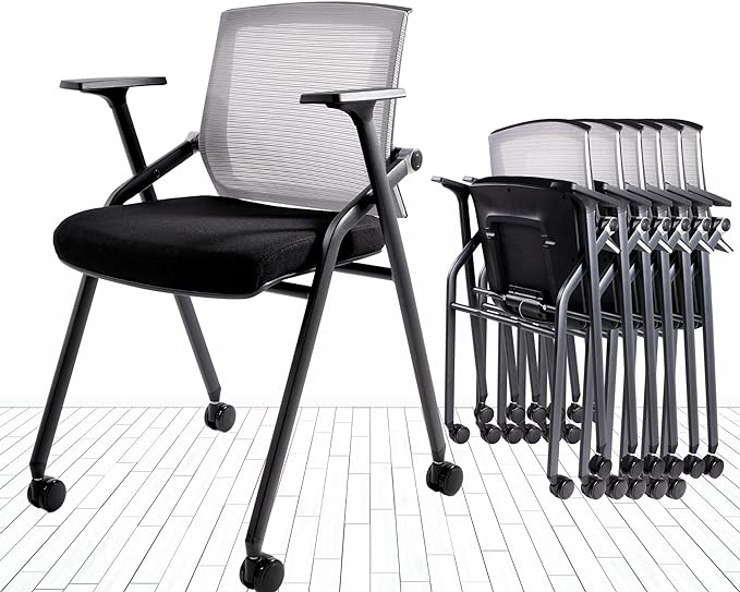 BLANEDUO Conference Room Chairs, Folding Office Desk Chair with Lumbar Support and Sliding Armrest with Casters, Stackable Office Guest Chairs & Reception Chairs (2 Pack)