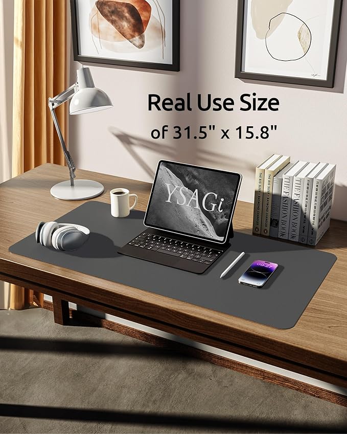 YSAGi Leather Desk Protector, Office Mat, Large Mouse Mat, Non-Slip PU Leather Blotter, Laptop Pad, Waterproof Writing Pad for Office and Home (Dark Grey, 31.5" x 15.8")