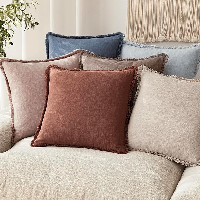 Foindtower Set of 2 Decorative Linen Fringe Throw Pillow Covers Boho Farmhouse Cushion Cover with Tassels Accent Pillowcase for Couch Chair Sofa Bed Living Room Home Decor,22×22 Inch,Rust Red