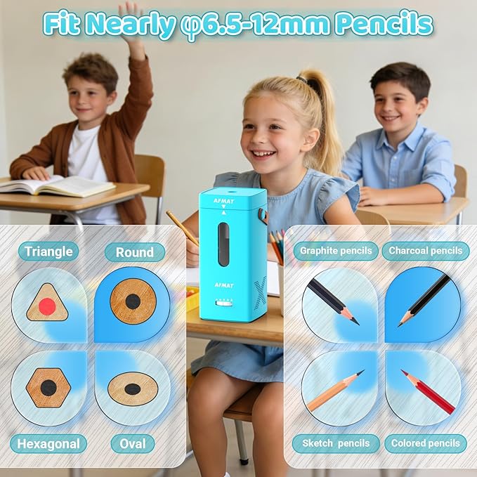 AFMAT Electric Pencil Sharpener, Fully Automatic Pencil Sharpener, Auto in & Out, Rechargeable Hands-Free Sharpeners for Jumbo & Colored Pencils (6.5-12mm), Portable for Home/Classroom/Office PSC6