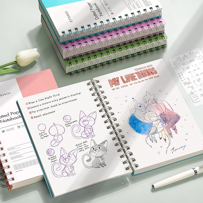 EMSHOI A5 Spiral Notebook Bullet Dotted journal, Small 5.7" X 8.22", 300 Pages/150 Sheets, 100gsm Dot Grid Paper, Waterproof Hardcover, for Office School Women Men Work Writing Notes-LightBlue