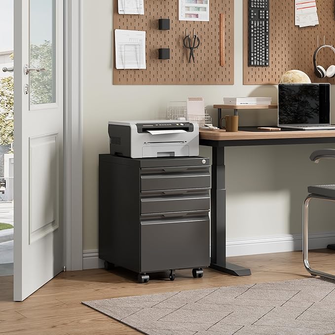 Bestoo 3-Drawer Mobile File Cabinet with Lock, Metal Filing Cabinet on Wheels for Home Office Under Desk, Fits File Folders, Letter/Legal/F4/A4 Size, Assembly Required (Black)