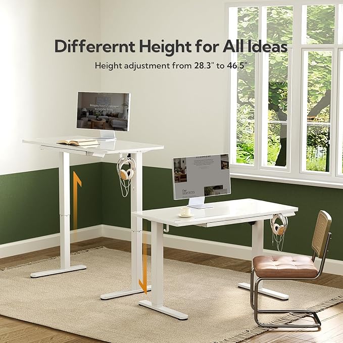 INNOVAR Glass Standing Desk with Drawers, 48 x 24 Inches Electric Height Adjustable Desk, Tempered Glass Top Stand Up Desks for Home and Office, White