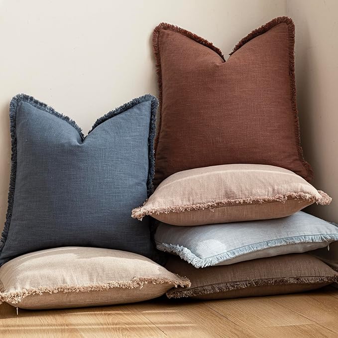 Foindtower Set of 2 Decorative Linen Fringe Throw Pillow Covers Boho Farmhouse Cushion Cover with Tassels Soft Accent Pillowcase for Couch Chair Sofa Bed Living Room Home Decor,18×18 Inch,Sky Blue