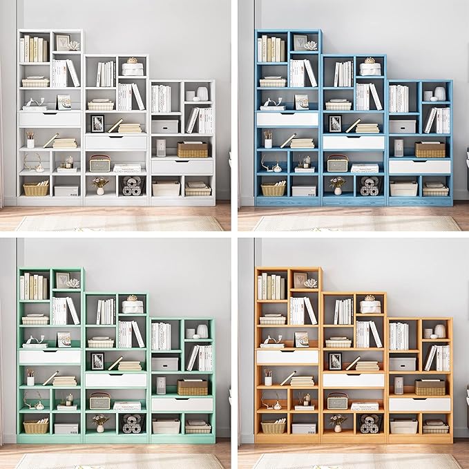 IOTXY Wooden Open Shelf Bookcase - 71 Inches Tall Freestanding Display Storage Cabinet Organizer with 10 Cubes and a Drawer, Floor Standing Bookshelf in Maple Yellow