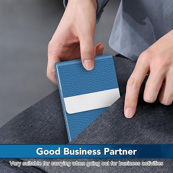 Business Card Holder with Ultra Slim Design, Business Card Case with Premium PU Leather, Suit Pocket Metal Card Holder for Women/Men, Magnetic Closure Quick Access Cards