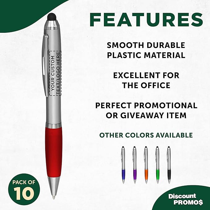 DISCOUNT PROMOS Custom Stylus Ballpoint Pens Set of 10, Personalized Bulk Pack - Black Ink, Great for Office, School, Business, Tradeshows, Events - Red