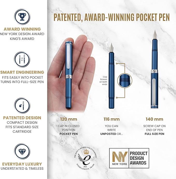 Scriveiner Luxury EDC Fountain Pen (Medium), Stunning Matt Blue Pocket Pen, Chrome Finish, Schmidt German Nib, Converter, Best Writing Pen Gift Set for Men & Women, Nice Fancy Office Designer Pen