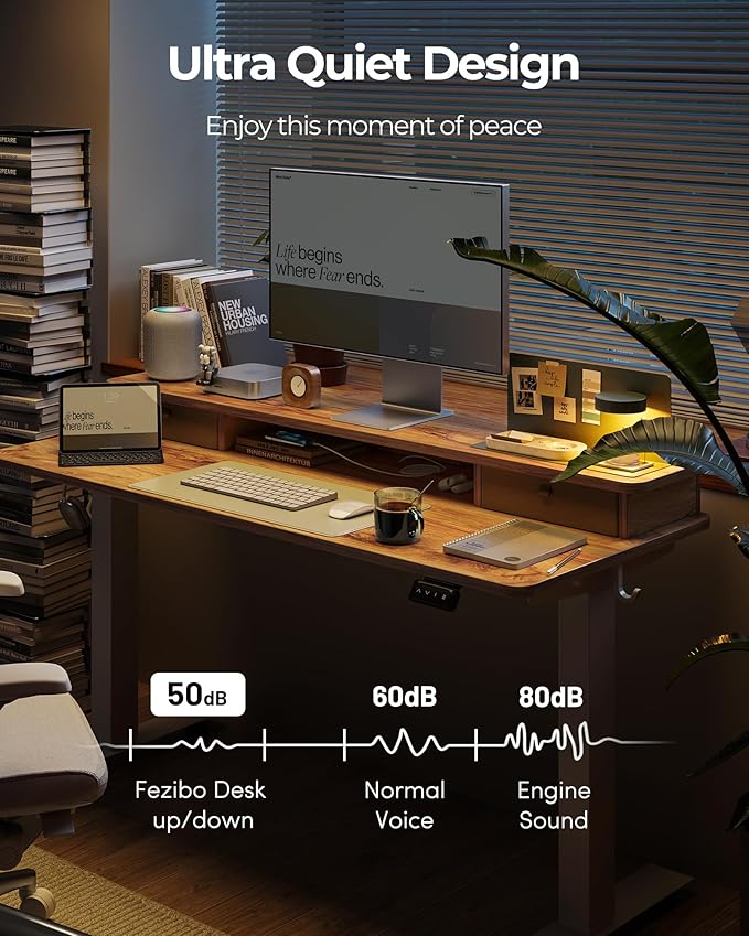 FEZIBO 48'' x 24'' Standing Desk with Double Drawers, Adjustable Desk, Home Office Stand Up Table with 4 Height-Adjustable Feets & 2 Hooks, Light Rustic