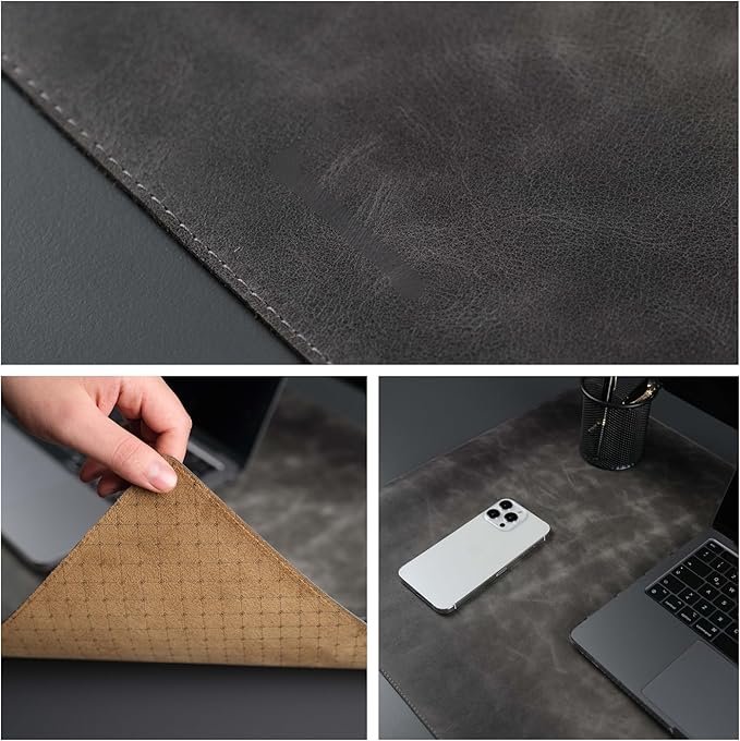 TORONATA Jersey Genuine Calfskin Leather Desk Pad, Office Desk Mat with Non-Slip Bottom, Smooth Surface for Mouse & Keyboard, Desk Protector (14.6x31.5 inches) (Gray)