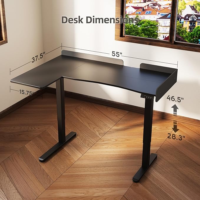 Claiks L Shaped Standing Desk, 55 Inch Electric Height Adjustable Desk with Splice Board Corner Workstation for Home Office, Black