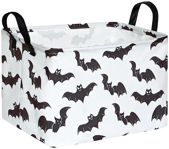 FUULOXE Halloween Bat Storage Basket with Handles Open Gifts&Candy Spooky Basket stuffers for Kids Baby Collapsible Women Organizer Bins Toys Boxes for Shelves Home Office