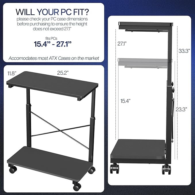 VIVO Large Mobile Adjustable 2-Tier PC Stand, Premium Gaming CPU Computer Tower and Mouse Storage, Rolling Floor Cart, Locking Caster Wheels, Black, CART-PC03P