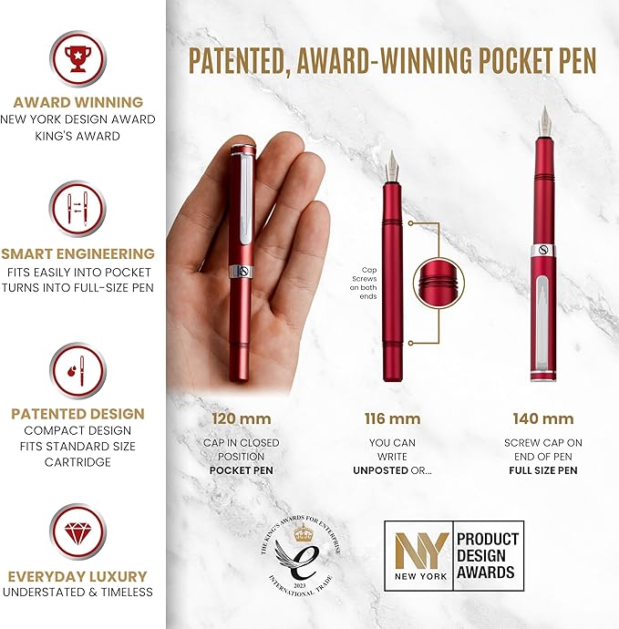 Scriveiner Personalized Luxury EDC Fountain Pen (Medium), Stunning Matt Red Pocket Pen, Chrome Finish, Schmidt German Nib, Best Engraved Fountain Pen Gift Set for Men & Women, Name Engraving