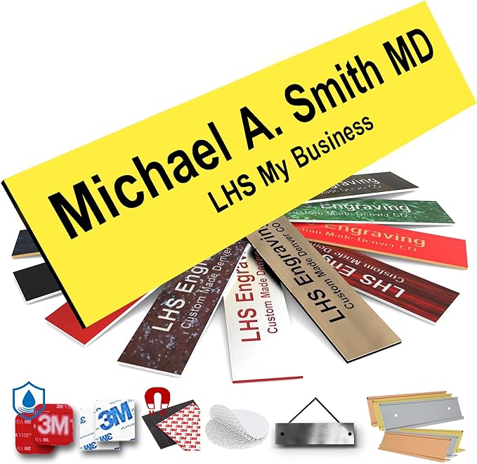 Door Name Plate Personalized for Office Yellow Plastic Name Plate Black Letters - Made in USA 2x12 B4