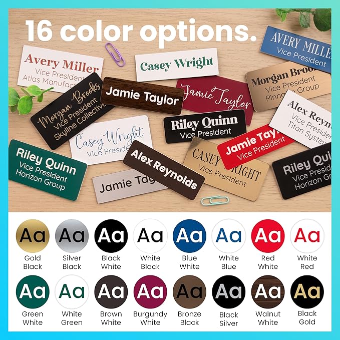 ExcelMark Custom Name Tag - Engraved Name Badge with Pin or Magnetic Backing, 16 Colors, 6 Fonts, and 2 Sizes to Choose from (White w/Red Letters, 1.5"x 3")