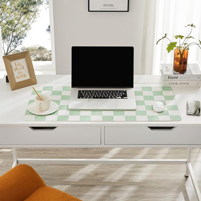 Ohocut Checkered Desk Mat, Large Cute Aesthetic Retro PU Leather Computer Laptop Desk Mat, Non-Slip Waterproof Mouse Keyboard Pad, Desk Writing Mat for Work/Home (Green, 23.6" x 13.7")