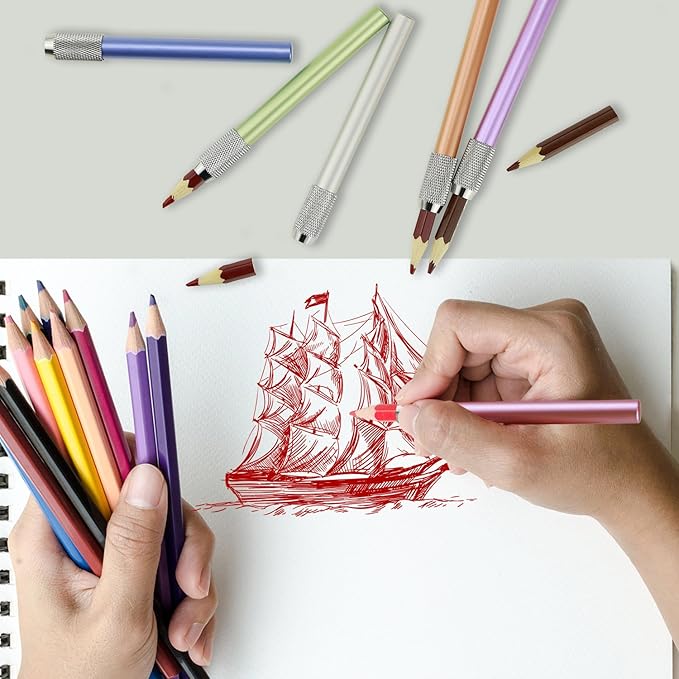 YOUSHARES Aluminum Assorted Colors Pencil Lengthener – Pencil Extender Holder for Colored Pencils in Regular Size (6 Pcs)