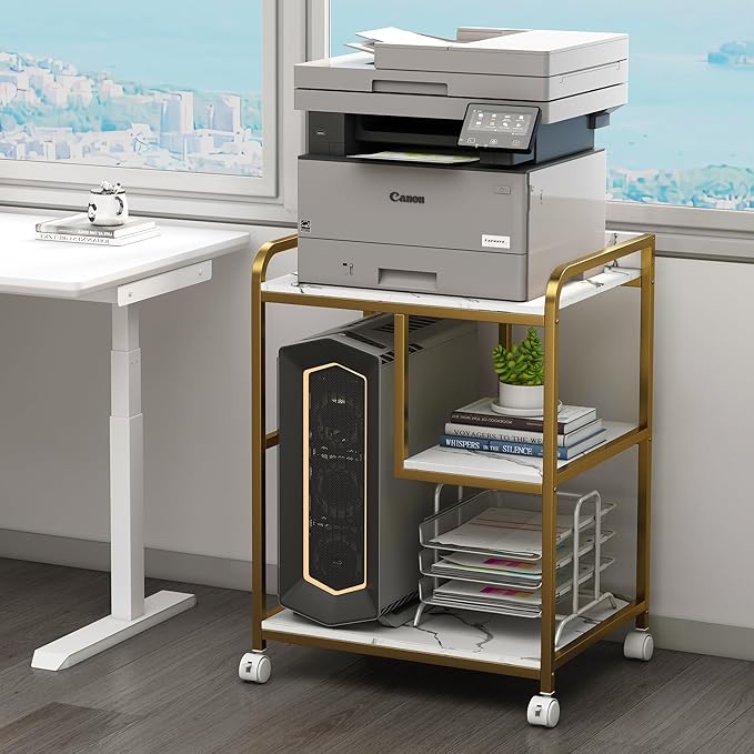 Fannova Large Printer Table Stand with Shelf for Computer Tower, CPU and Shredder, 22 x 18 Inch Rolling Printer Cart with Wheels for Home Office Storage and Organization - White Gold