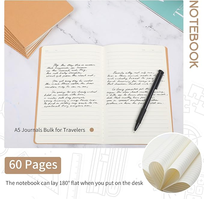 miikoul 48 Pack A5 Kraft Paper Notebook Lined Journal Bulk, 8.3 X 5.5 Inch, 60 Pages/30 Sheets, 80gsm, Travel Notebook Notepad for Adult, Students, Gift, Office, Back to School Supplies