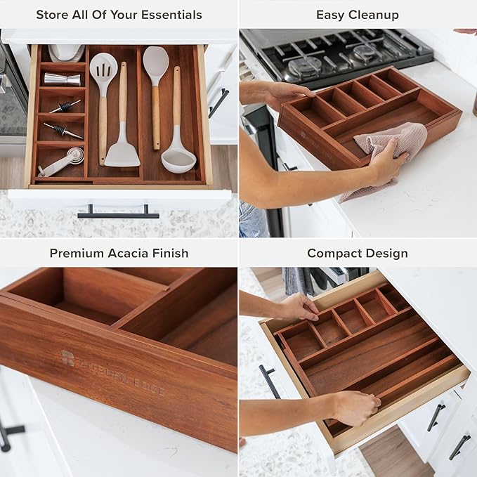 KitchenEdge Adjustable Kitchen Drawer Organizer for Utensils and Junk, Food-Safe Contract Grade with 100% Sustainable Wood, Non-Slip, Expandable from 10.5 to 18.5 Inches Wide - Natural Acacia