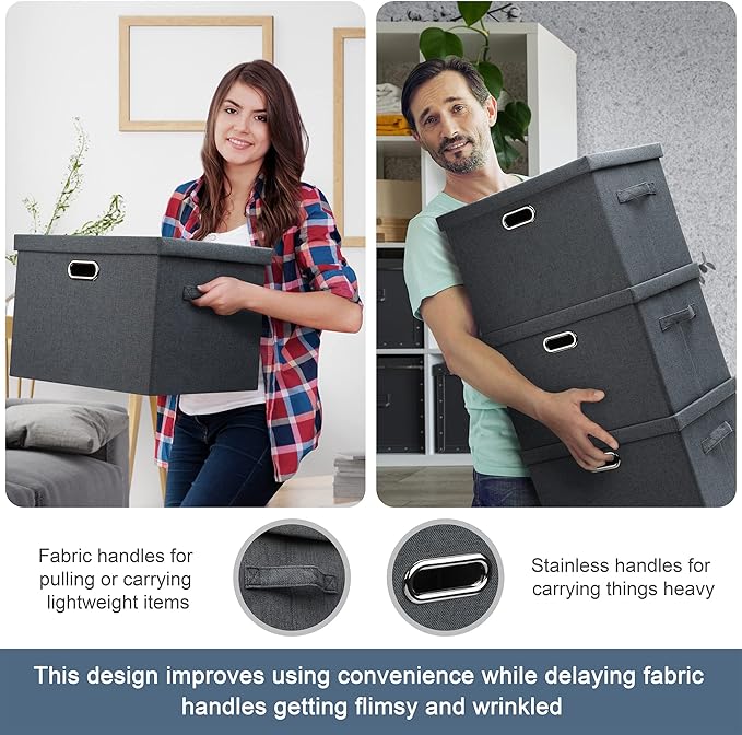Graciadeco Medium 15" 21 Quart Collapsible Stackable Storage Bins with Lids, 5 Packs Dark Gray Foldable Fabric Closet Storage Boxes with Lids, Lidded Heavy-duty Linen Baskets(15x11x8)