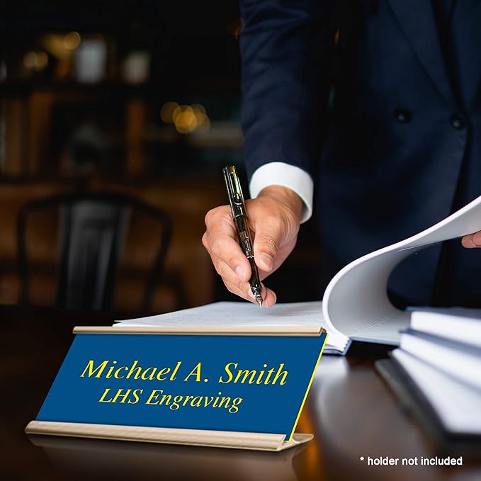 Engraved Door Signs for Office Personalized Blue Plastic Door Plaque with Yellow Letters - Made in USA 2x8 B20