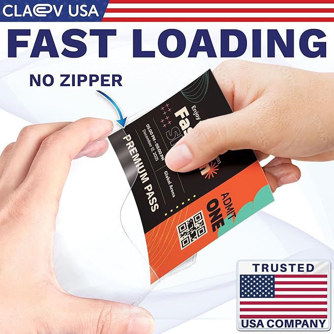 Claev - Horizontal Flexible and Tear Resistant Card Protector - Clear, 4x3 Inch, 50 Pack - Large Easy Open Plastic ID Name Badge Holders for Conferences, Conventions, Offices & Schools