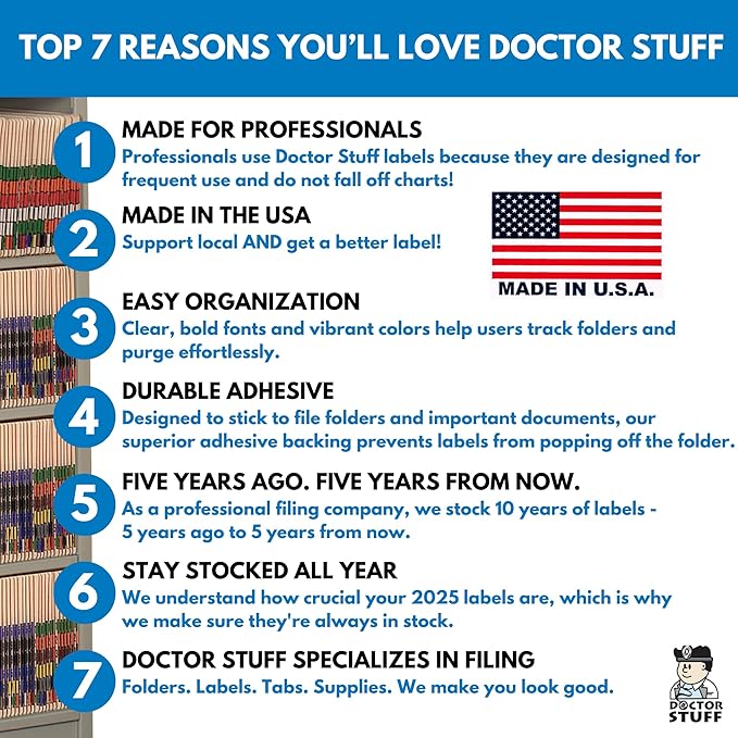 2023 MINI Year Stickers, Doctor Stuff 2023 Chart Stickers, Orange Colored, Tab 1287 Style, USA Made Year Labels for End Tab File Folders, 500/Roll, 1 Roll, 1/2" x 1-1/8"