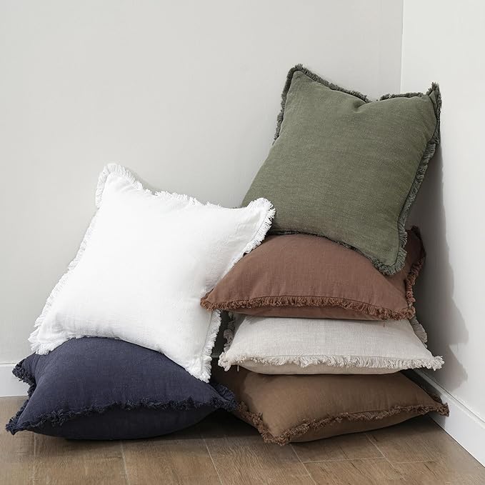 Foindtower Set of 2 Decorative Linen Fringe Throw Pillow Covers Boho Farmhouse Cushion Cover with Tassels Accent Pillowcase for Couch Bed Sofa Living Room Home Bedroom Decor, 12×24 Inch, Olive Green