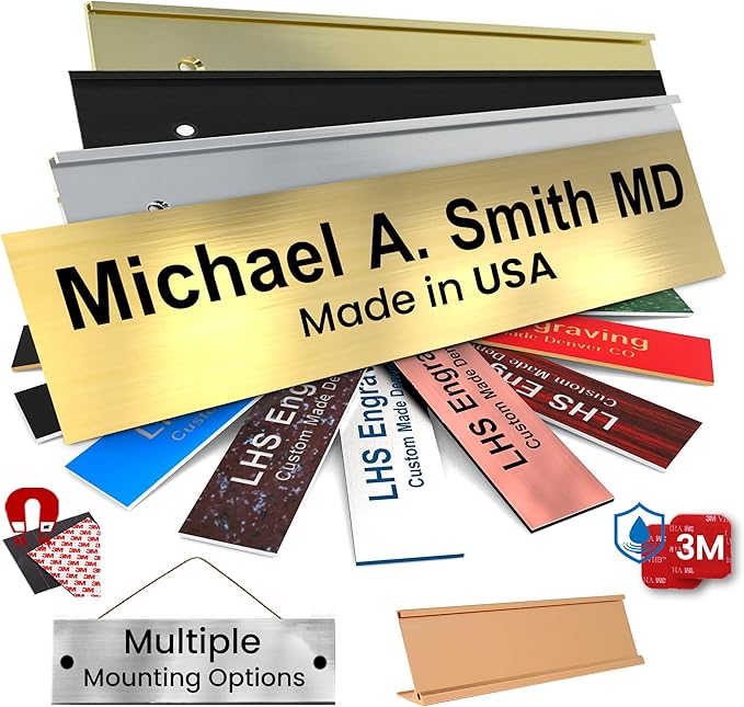 Engraved Name Plates for Door Sign Personalized Brushed Brass Plastic Plaque with Black Letters - Made in USA 2x10 M6