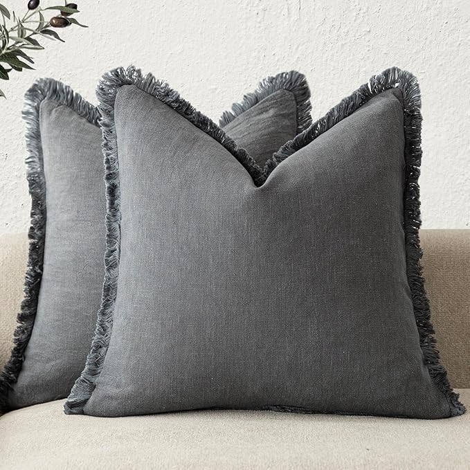 Foindtower Set of 2 Decorative Linen Fringe Throw Pillow Covers Cozy Boho Farmhouse Cushion Cover with Tassels Soft Accent Pillowcase for Couch Chair Sofa Bed Living Room Home Decor,18×18 Inch,Gray