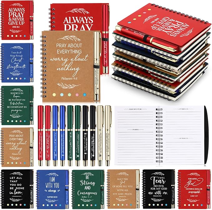 Spakon 50 Set Valentine's Day Christian Gifts Bulk Church Sticky Note Spiral Notebook Bible Verse Ballpoint Pen Prayer Journal Religious Scripture Notepad Sunday School Teacher Pastor Party Favor