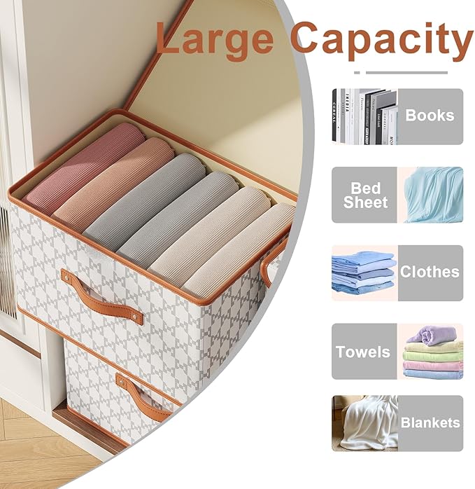 Tuza 4 Pack Fabric Storage Bins with Lids, Collapsible Closet Organizer Container, Decorative Storage Boxes with Lids for Organizing Clothes, Blanket, Grey & White, Extra Large