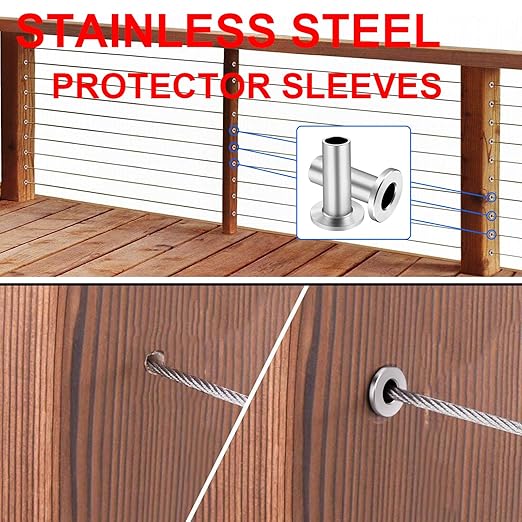 BLIKA 200 Pack Stainless Steel Protector Sleeves for 1/8" 5/32" or 3/16" Deck Cable Railing, for Wood/Composite Posts, T316 Marine Grade, Cable Railing Protector Sleeves